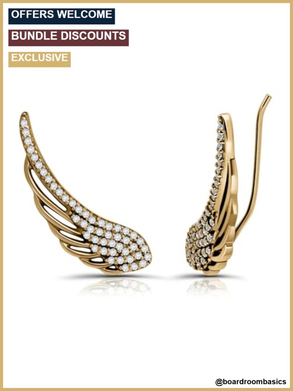 Sterling Silver Yellow Gold Flashed CZ Angel Wing Climber Earrings